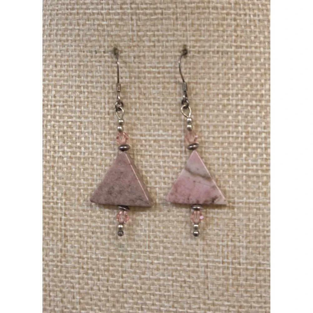 Vintage Sterling‎ Silver Pink Rhodonite Gemstones Modernist Dangle Earrings 925